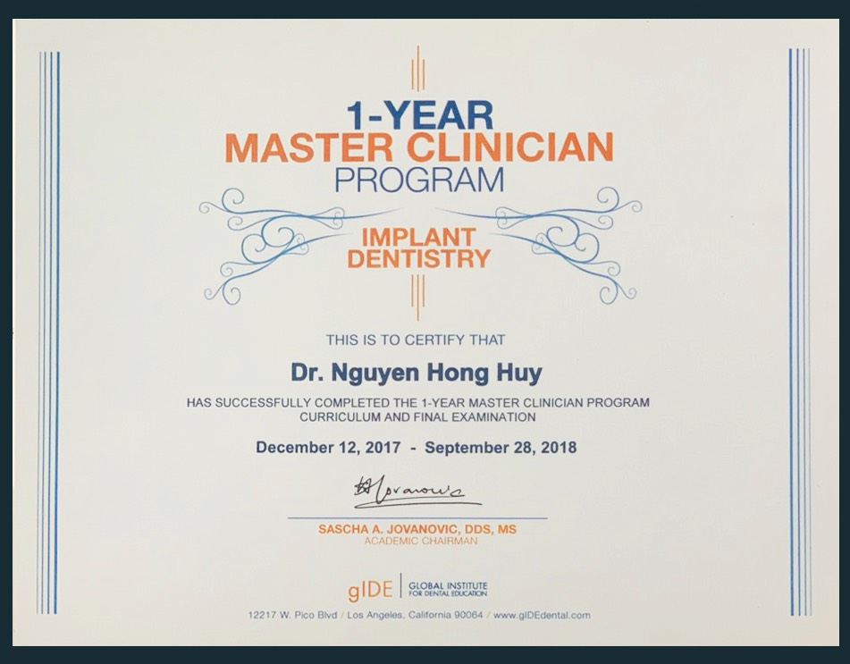 Chứng chỉ Master Clinician in Implant Dentistry, Viện Implant gIDE, Hoa Kỳ - Bác sĩ Nguyễn Hồng Huy