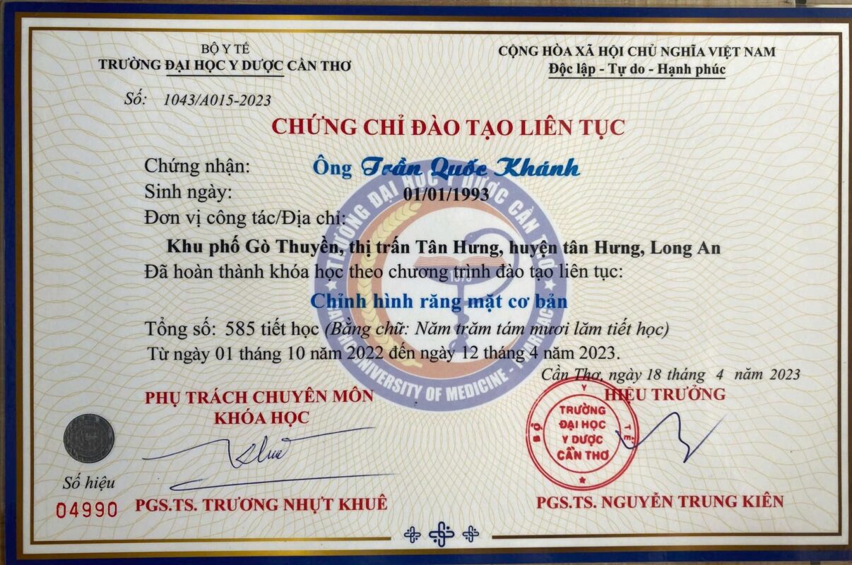 Chứng chỉ Chỉnh hình Răng Mặt - Đại học Y Dược Cần Thơ